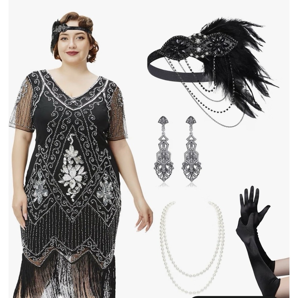 BABEYOND Great Gatsby Dresses Set Plus Size 1920s Flapper Costume V Neck 2X